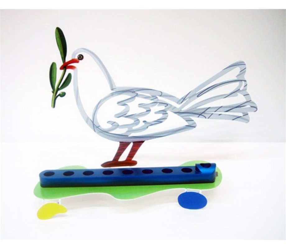 David Gerstein Laser Cut Metal White and Blue Hanukkah Menorah - Peace Dove