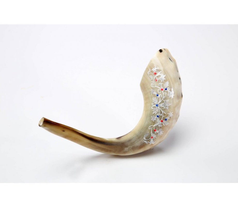 Decorated Hand Painted Ram's Horn Shofar Decorative Leaf Design
