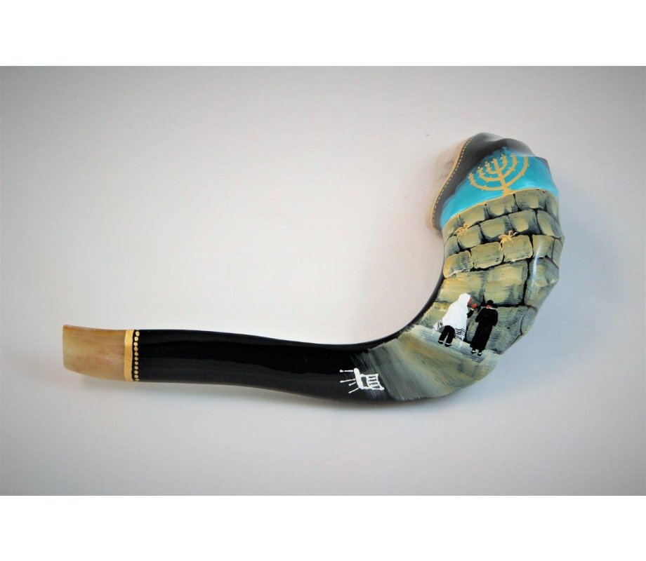 Decorated Hand Painted Ram's Horn Shofar Western Wall Menorah Design