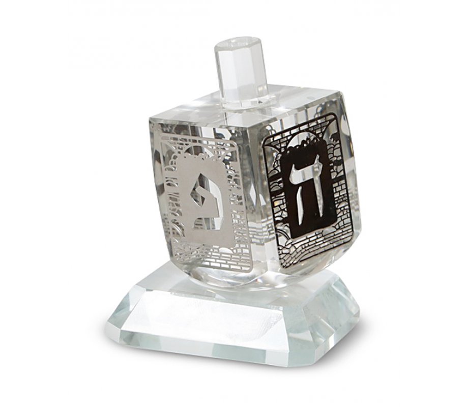 Decorative Crystal NO-FALL DREIDEL on Base, Cut Out Hebrew Letters - Silver