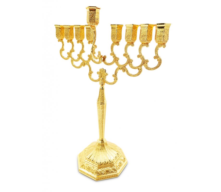 Decorative Gold Chanukah Menorah, Filigree Design - 12.2 Inches Height