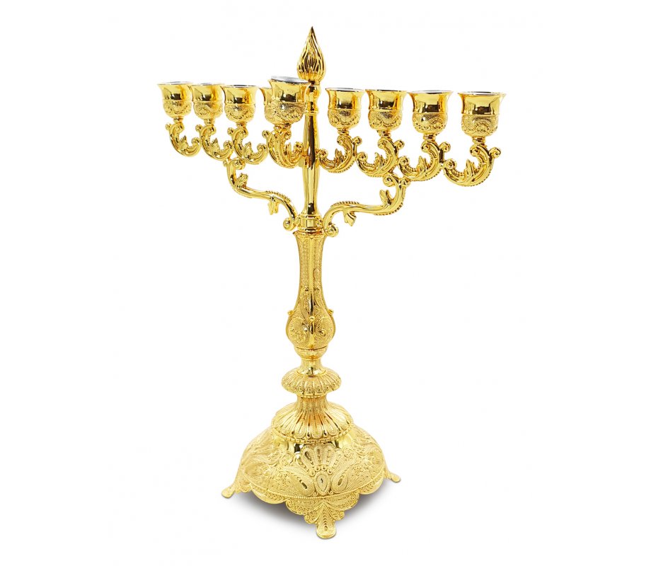 Decorative Gold Chanukah Menorah with Filigree Design, Flame Rod - 15.3 Inches