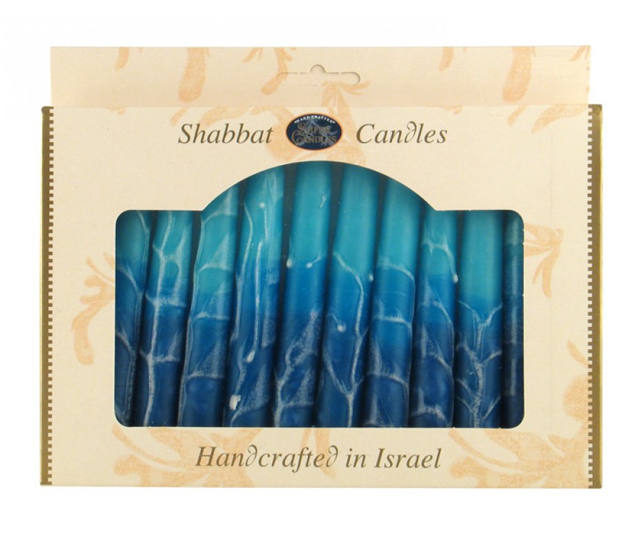 Decorative Handmade Galilee Shabbat Candles - Blue and Turquoise with Streaks