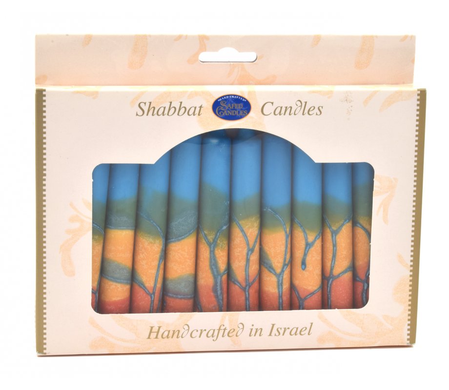 Decorative Handmade Galilee Shabbat Candles - Orange, Blue, Yellow with Streaks