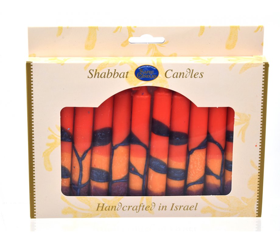 Decorative Handmade Galilee Shabbat Candles - Red, Orange and Purple with Streaks