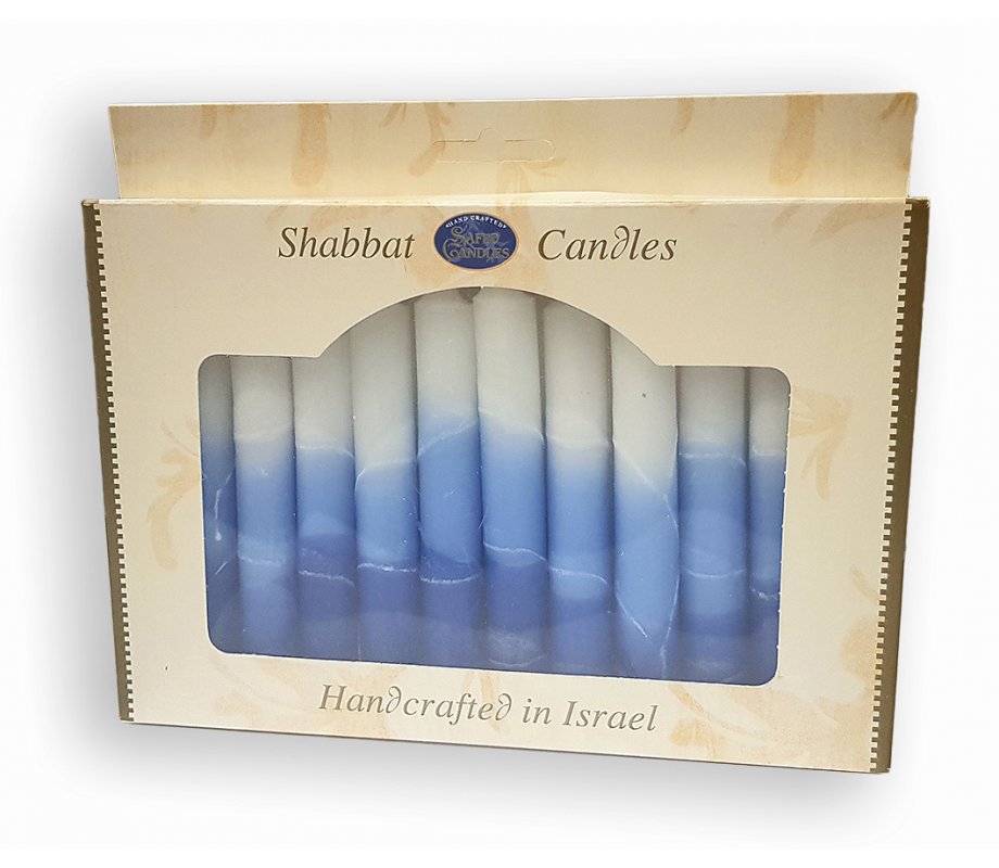 Decorative Handmade Galilee Shabbat Candles - White and Blues with Streaks