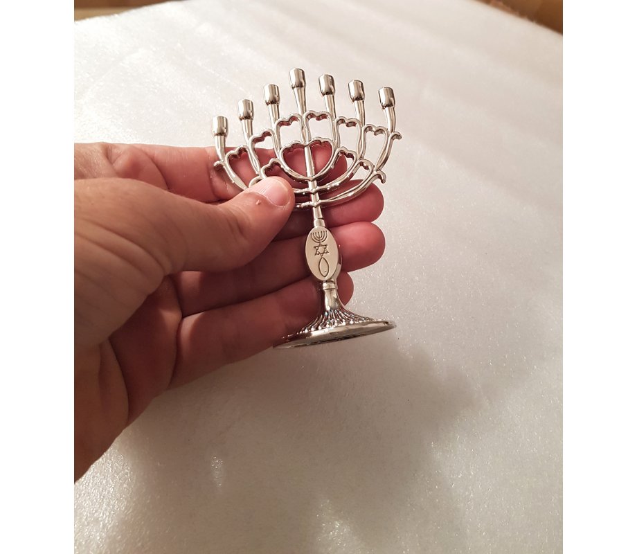Decorative Mini 7 Branch Menorah with Fish Symbol, Silver - 4