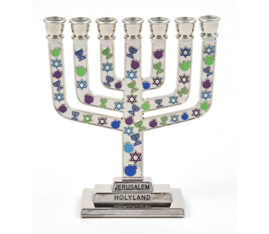 Decorative Mini 7-Branch Menorah with Colorful Judaic Symbols - 3.9