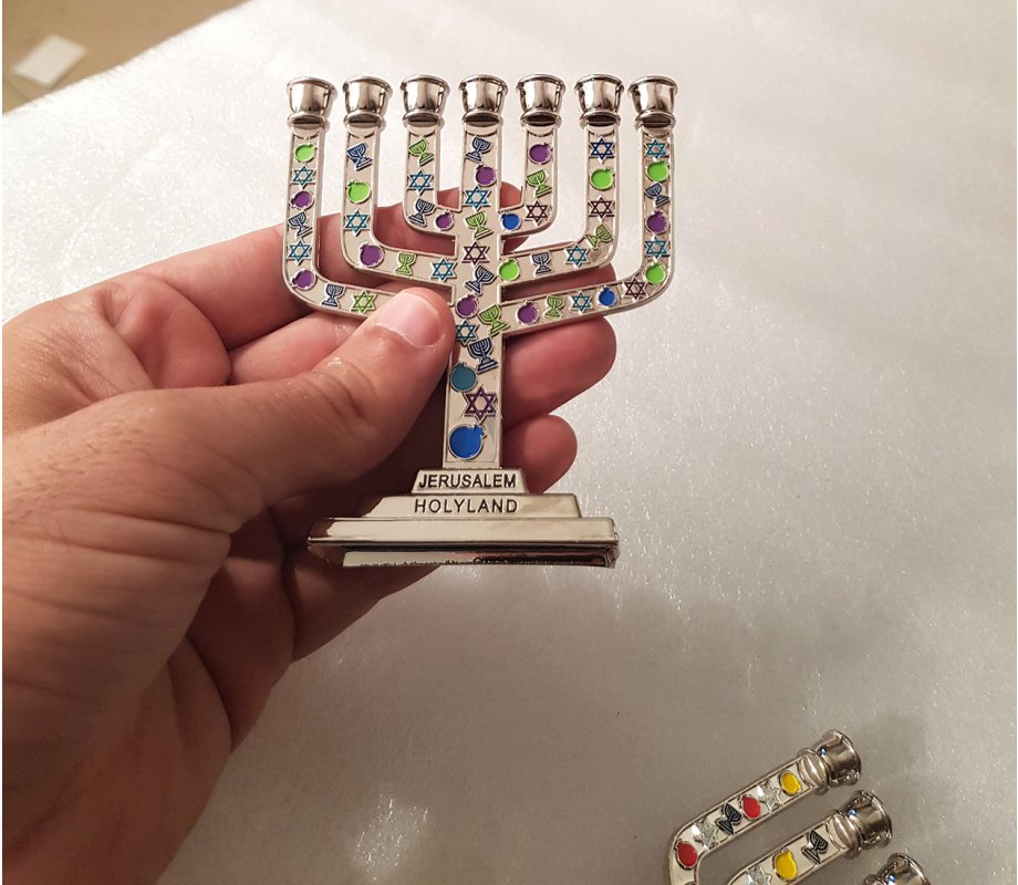Decorative Mini 7-Branch Menorah with Colorful Judaic Symbols - 3.9