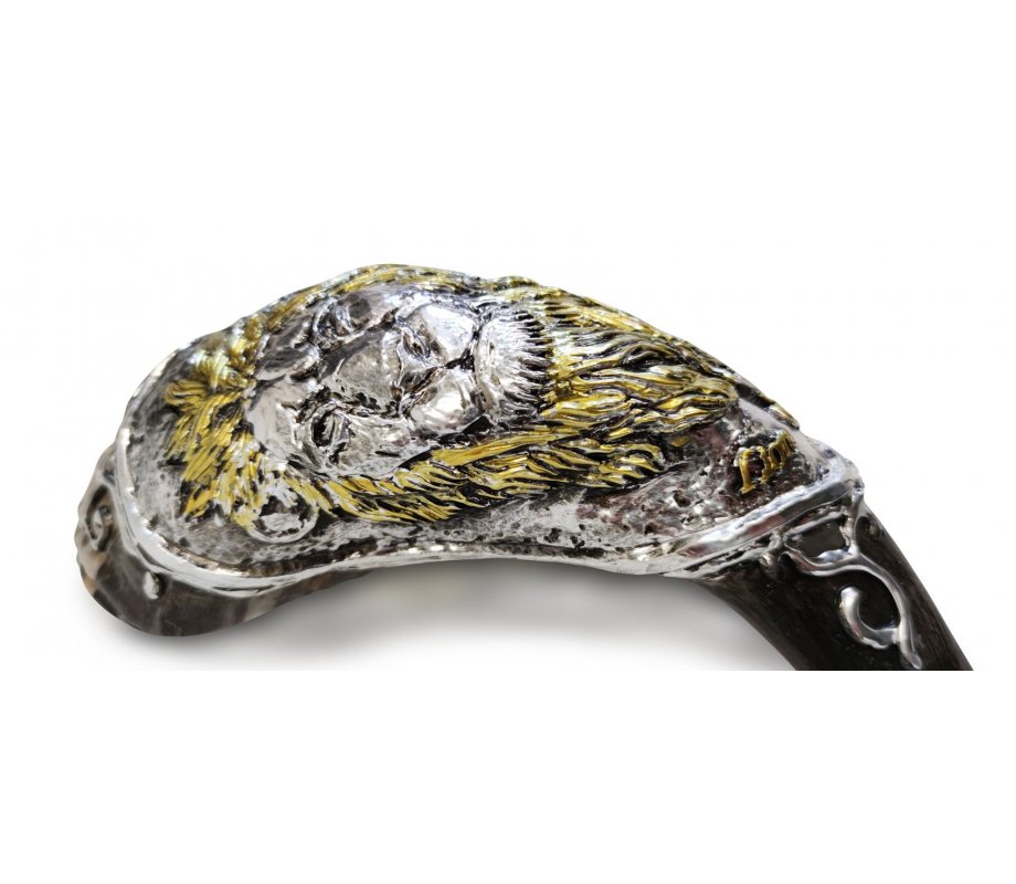 Decorative Rams Horn Shofar, Gold and Silver - Raised Lion of Judah Image