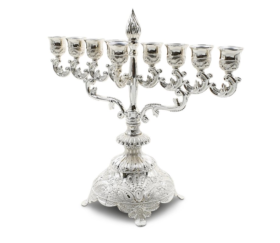 Decorative Silver Chanukah Menorah, Filigree Engraving Flame Design - 11.4