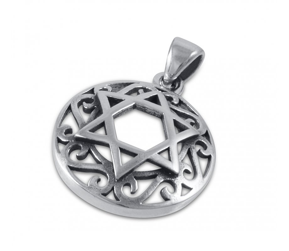 Decorative Star of David with Swirls Sterling Silver Pendant Necklace