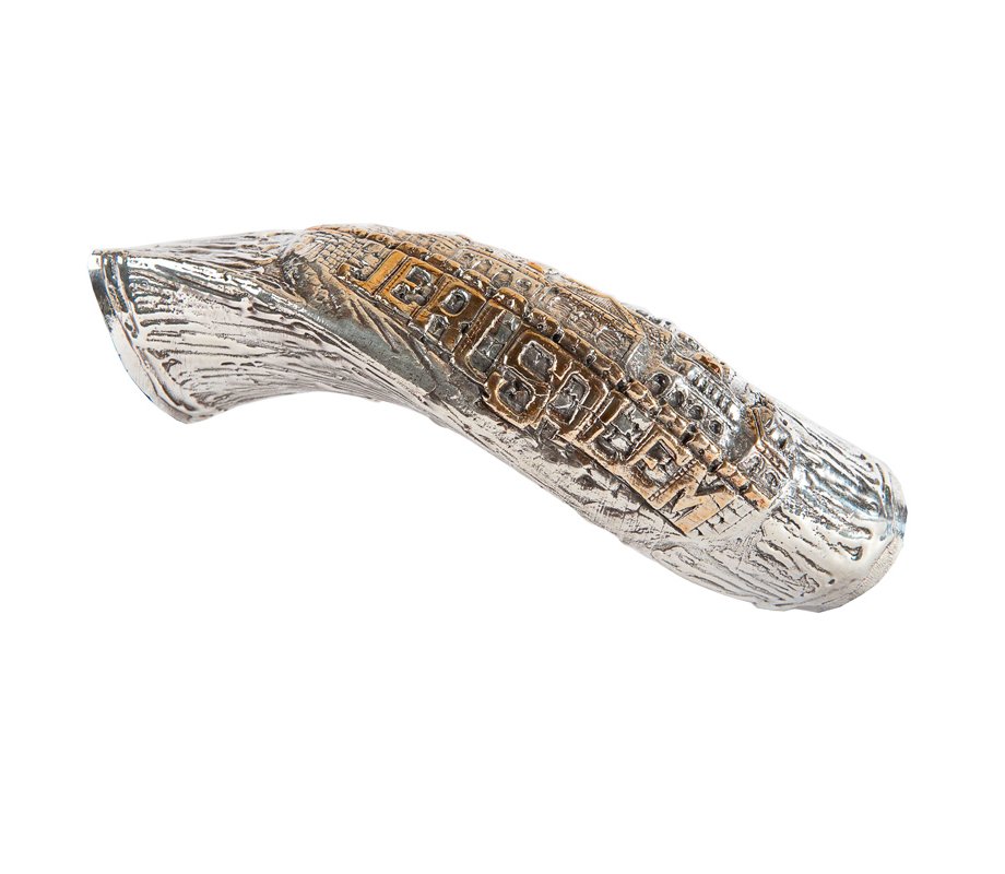 Decorative Yemenite Shofar with Sterling Silver Jerusalem and Olive Images