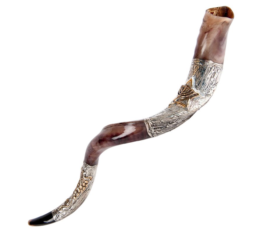 Decorative Yemenite Shofar with Sterling Silver with Menorah, Star of David and Olives