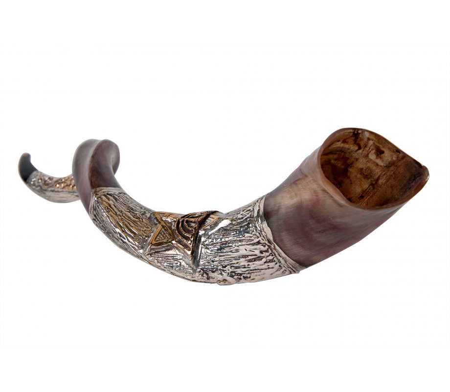 Decorative Yemenite Shofar with Sterling Silver with Menorah, Star of David and Olives