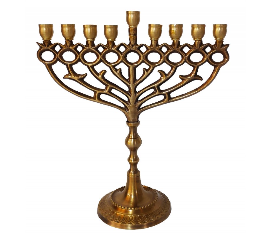 Deep Gold Antique Style Chanukah Menorah Pomegranates. for Candles - 10 Inches