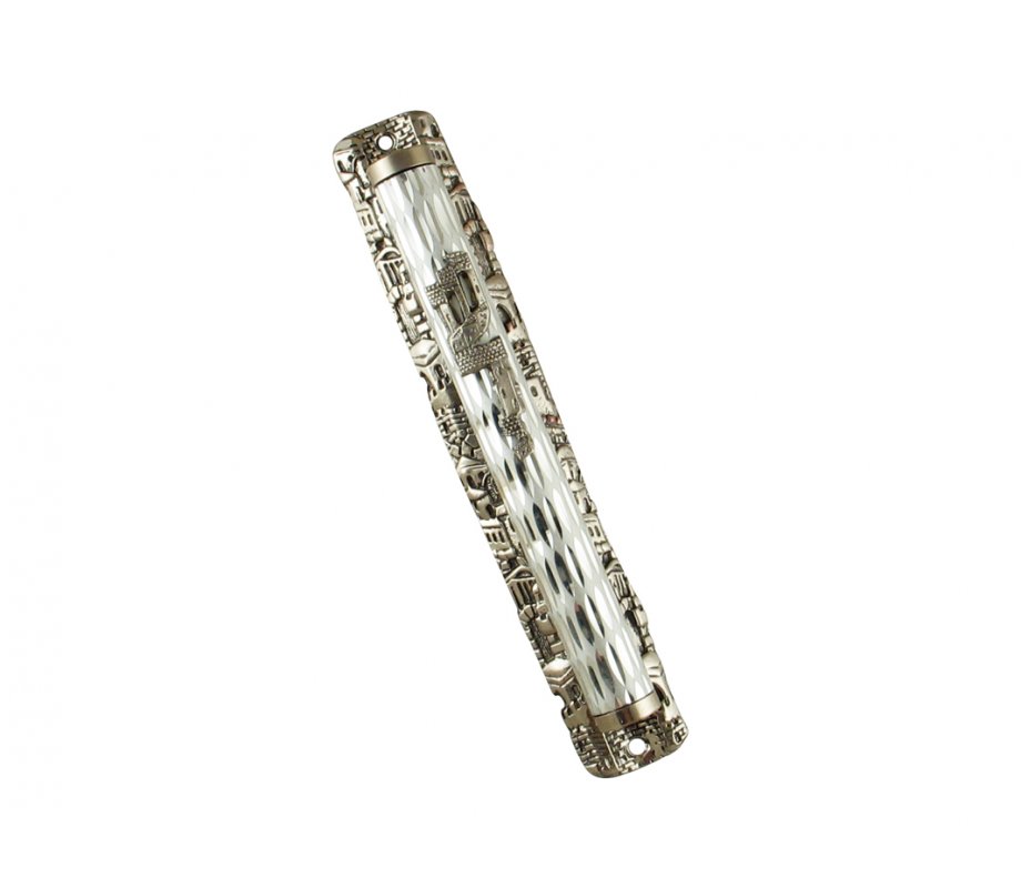 Diamond Design Metal Mezuzah Case with Jerusalem Images Frame