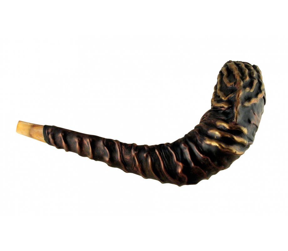 Distinctive Leather-bound Ram's Horn Shofar Menorah Design