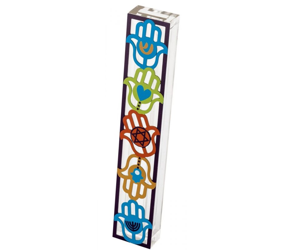 Dorit Judaica Acrylic Mezuzah Case with Colorful Hamsa Design