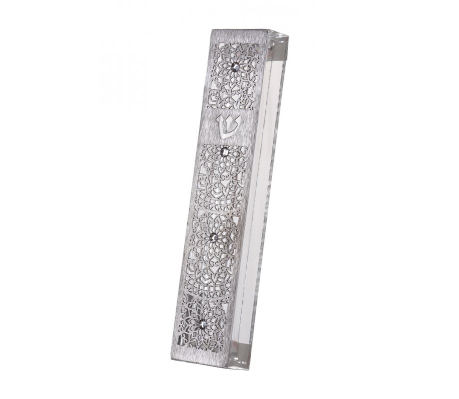 Dorit Judaica Acrylic Mezuzah Case with Cutout Steel, Swarovski Stones - Mandala