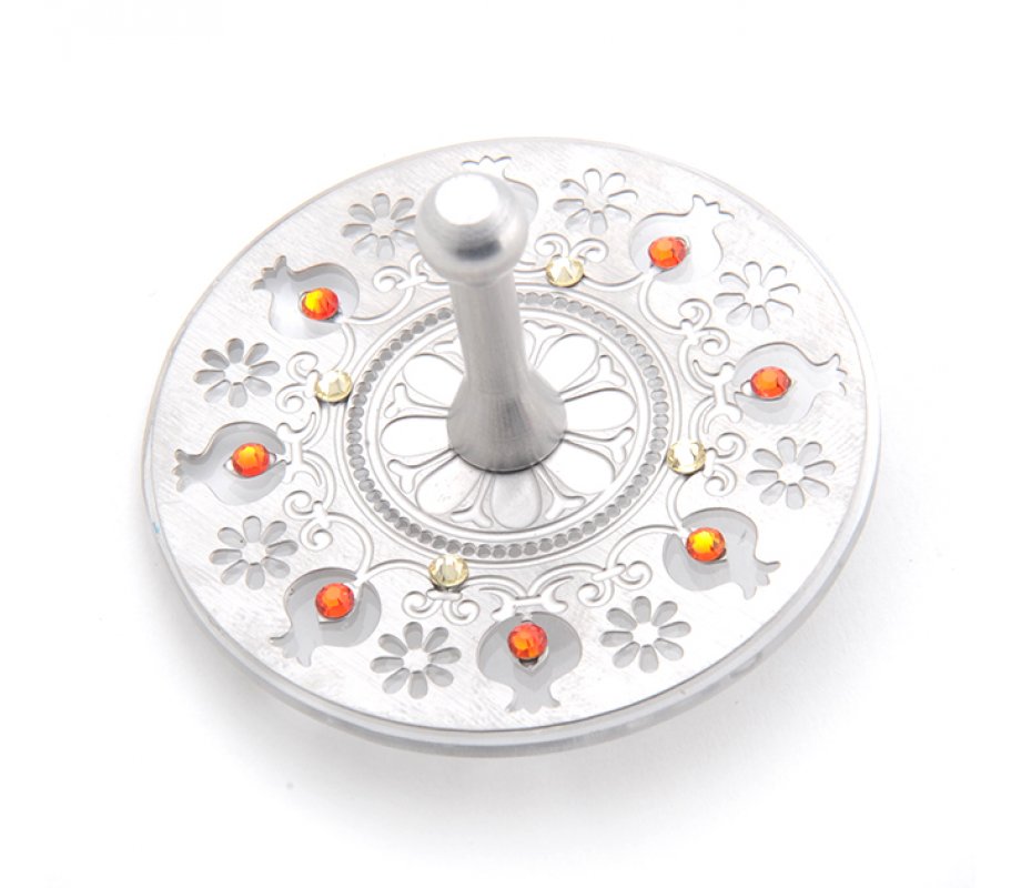 Dorit Judaica Decorative Dreidel with Pomegranates and Swarovsi Stones on a Stand