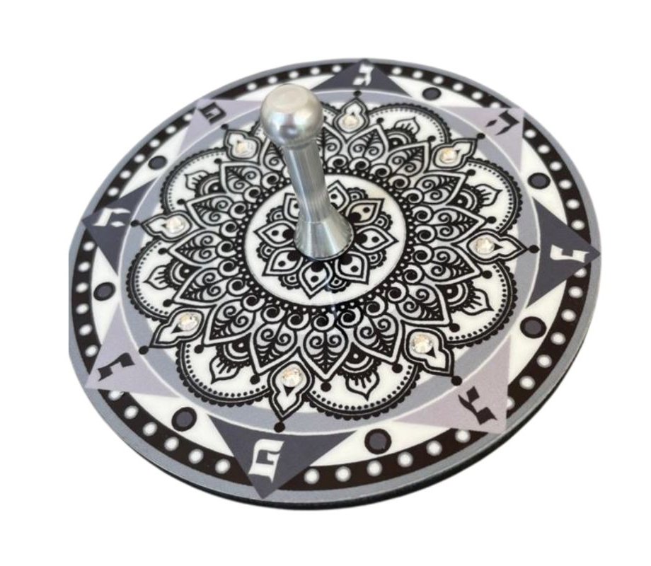 Dorit Judaica Decorative Sparkling Dreidel with Stand - Black and White Mandala