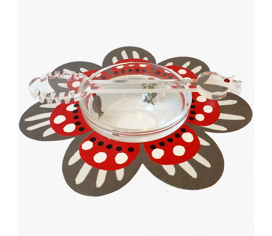 Dorit Judaica Flower Shaped Honey Dish with Glass Bowl and Spoon - Red and Gray