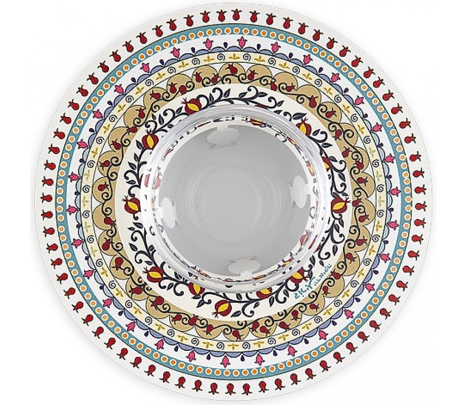 Dorit Judaica Honey Dish, Glass Bowl - Laser Cut Metal Pomegranate Mandala Design