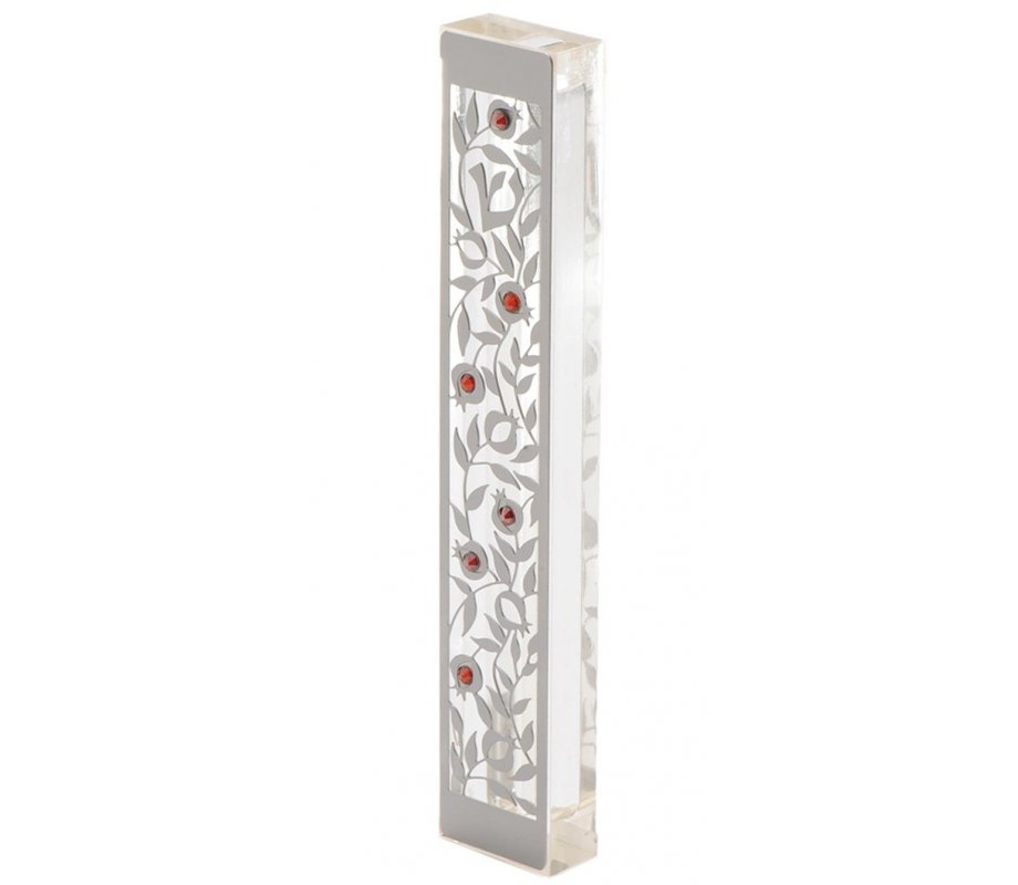 Dorit Judaica Large Lucite Mezuzah Case, Pomegranate Overlay with Crystals - Red