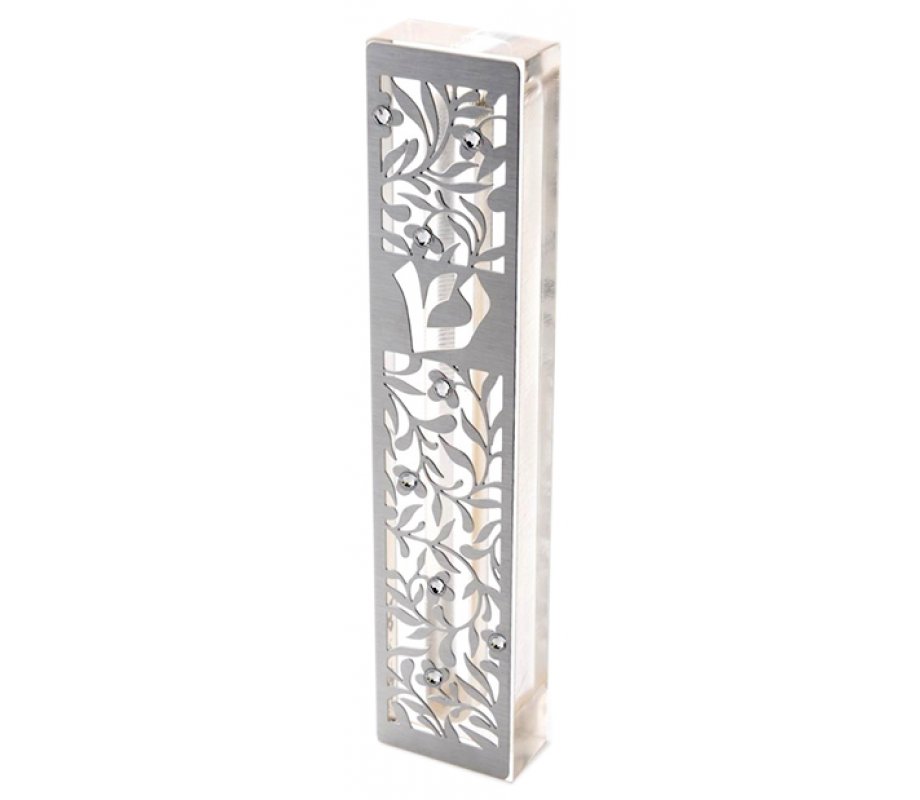 Dorit Judaica Laser Cut Steel Mezuzah Case Flowers - Swarovski Stones