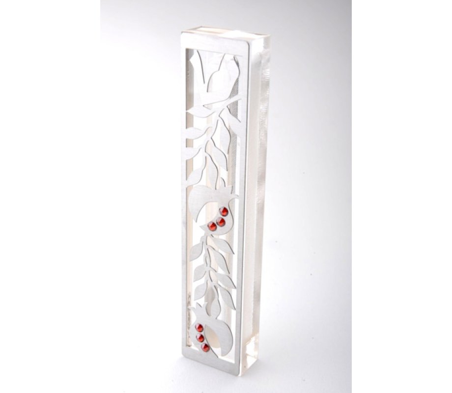 Dorit Judaica Laser Cut Steel Mezuzah Case Pomegranates - Red Swarovski Stones