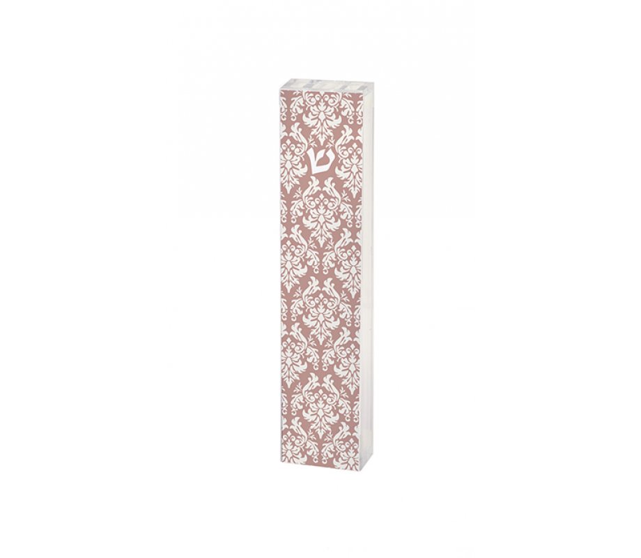 Dorit Judaica Lucite Mezuzah Case, Fleur De Lys - Pink and White