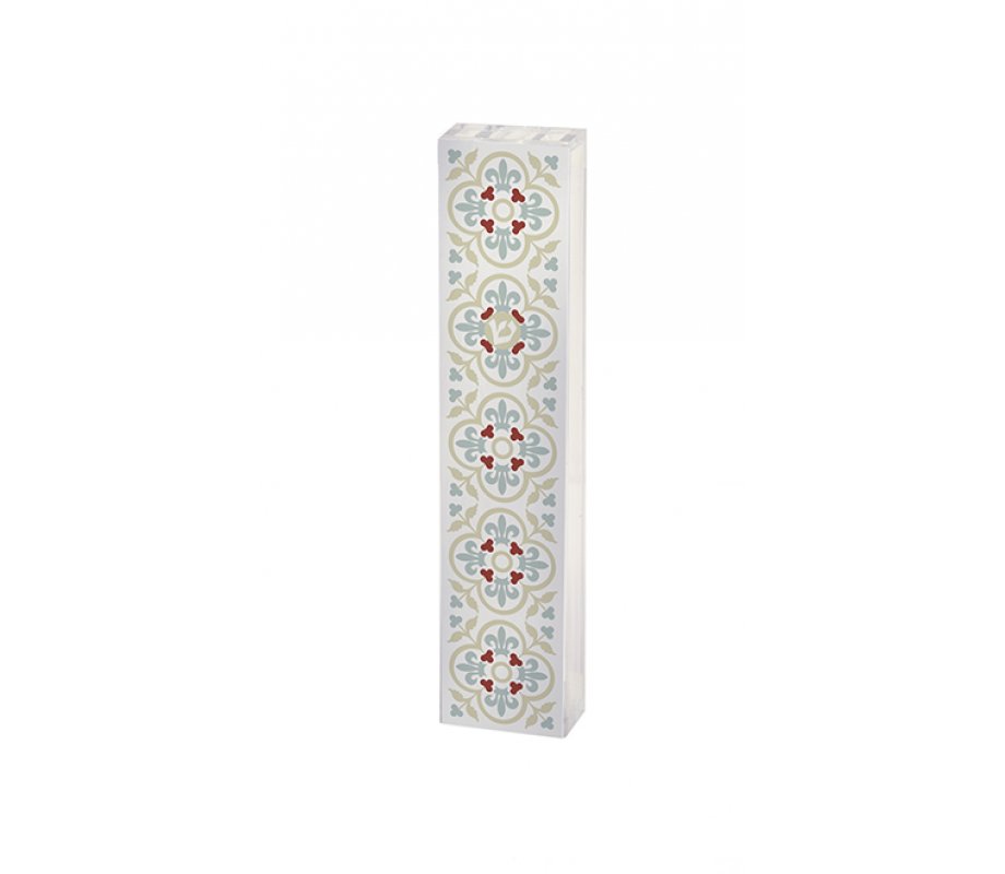 Dorit Judaica Lucite Mezuzah Case, Framed Fleur De Lys - Blue and Red