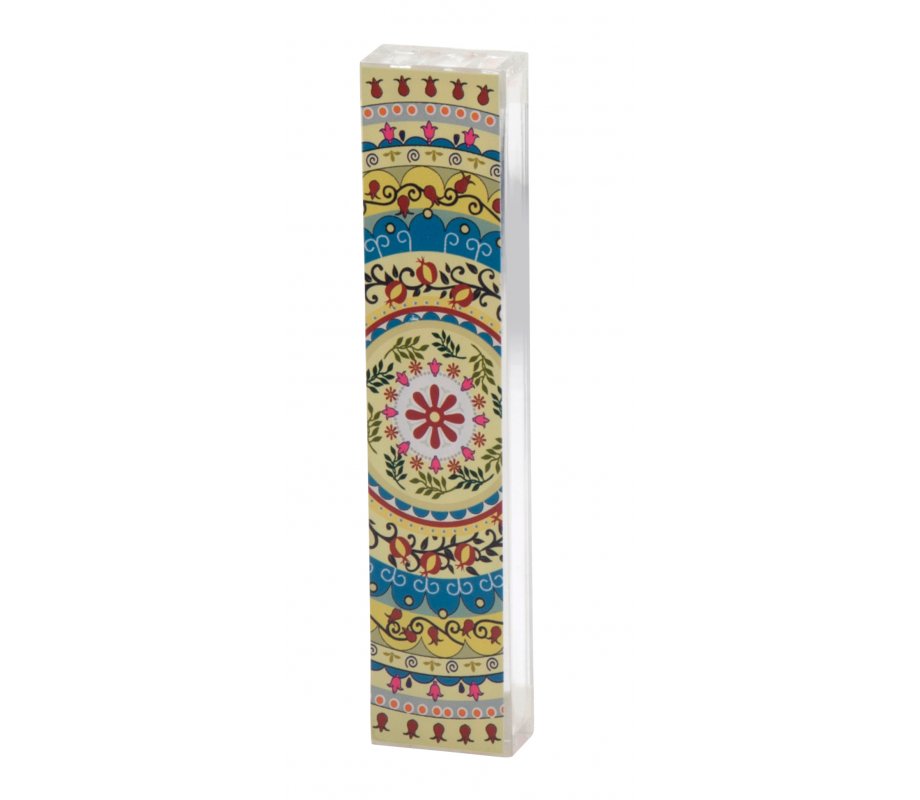 Dorit Judaica Lucite Mezuzah Case, Mandala and Pomegranates - Colorful
