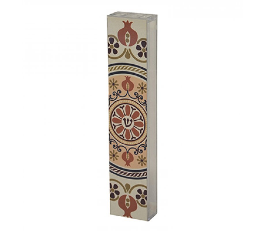 Dorit Judaica Lucite and Aluminum Mezuzah Case – Pomegranates Mandala Design 2 in stock