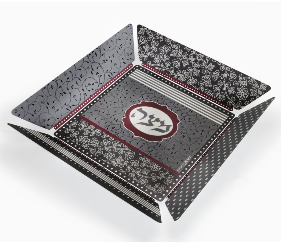 Dorit Judaica Matzah Tray with Flower and Leaf Design - Maroon and Black
