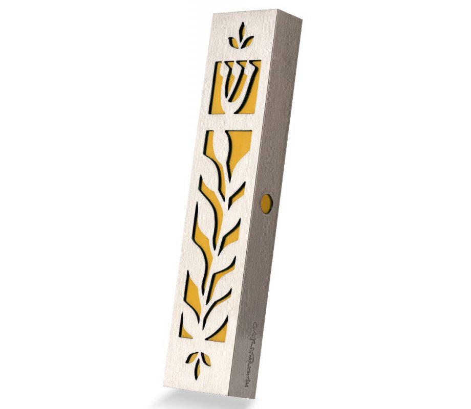 Dorit Judaica Mezuzah Case Stainless Steel, Cutout Leaf Design – Mustard