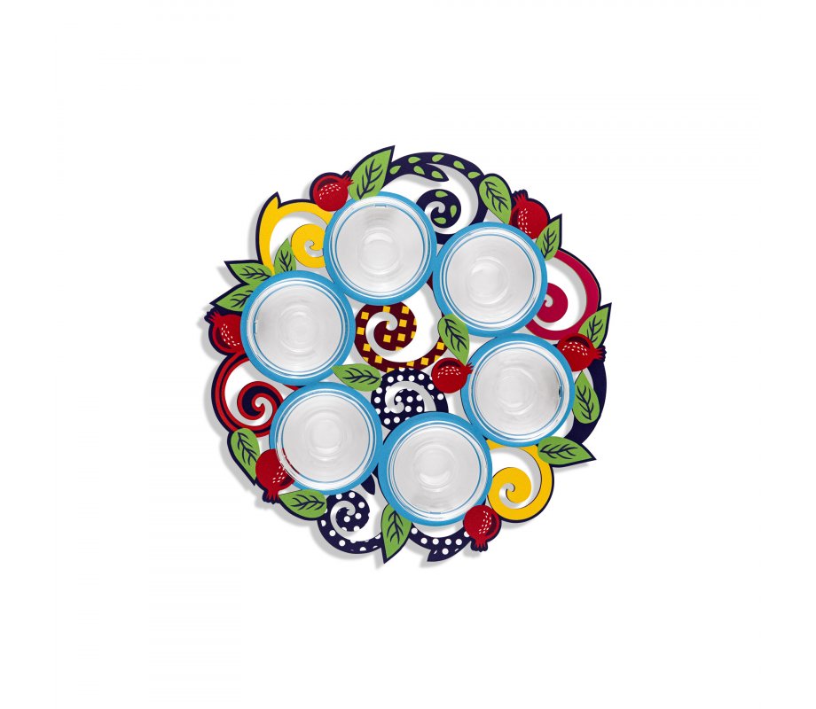 Dorit Judaica Raised Seder Plate – Colorful with Leaves and Pomegranates