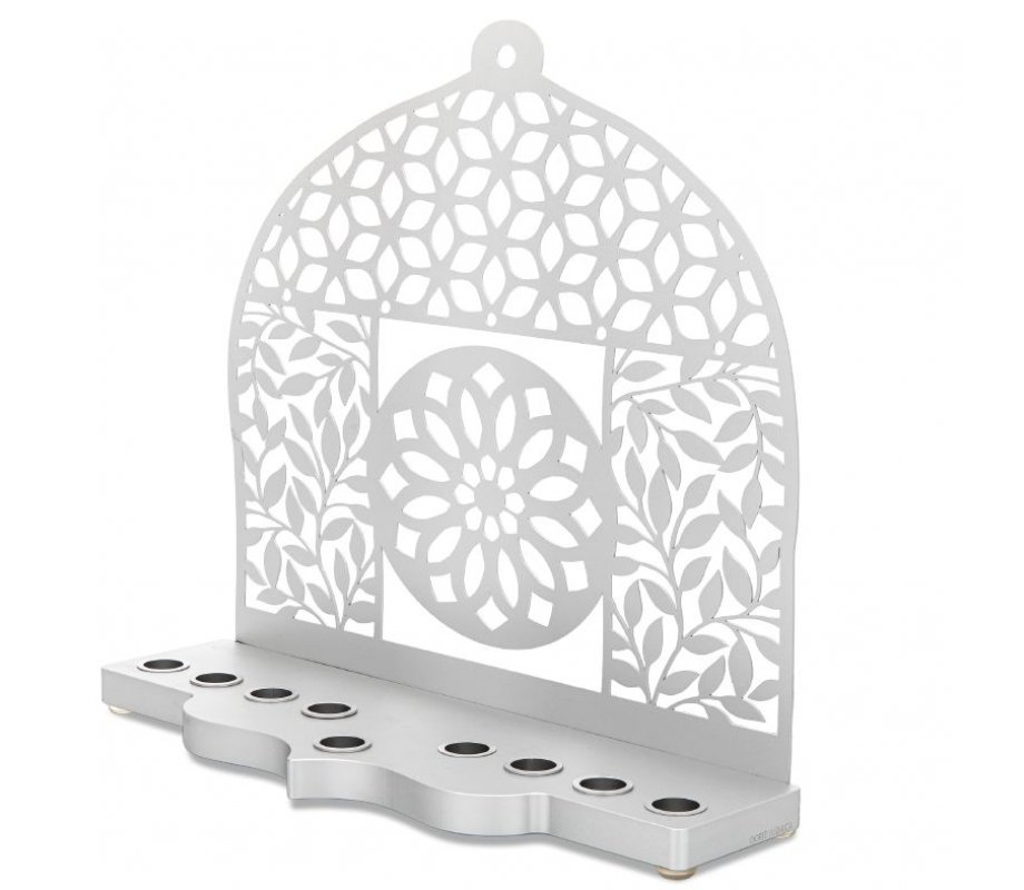 Dorit Judaica Silver Aluminum Chanukah Menorah - Leaves, Flowers and Mandala
