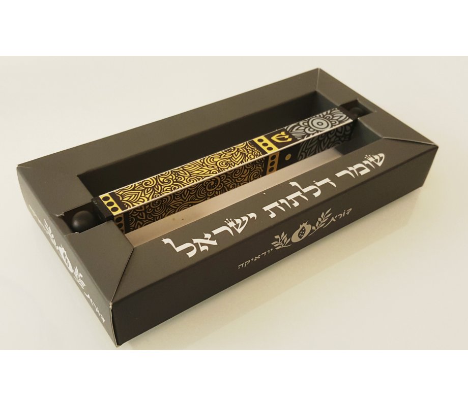 Dorit Judaica Square Tube Mezuzah Case with Knobs - Gold and Gray Leaves