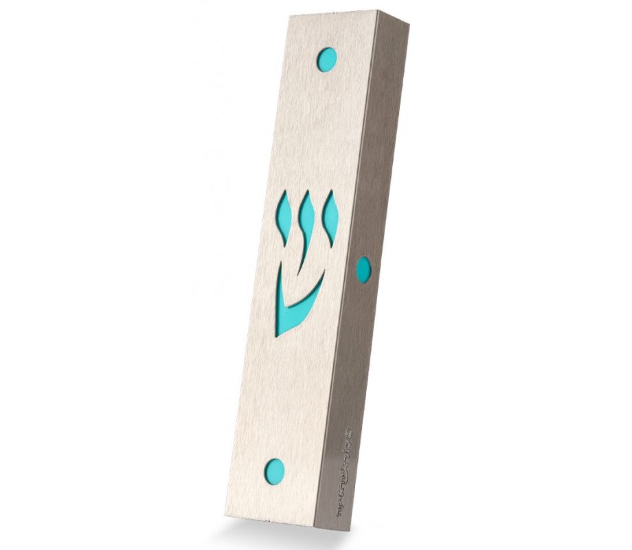 Dorit Judaica Stainless Steel Mezuzah Case, Cutout Shin Letter - Turquoise
