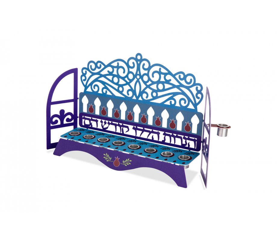 Dorit Judaica Window Menorah, Decorative Swirls and Pomegranates - For Candles