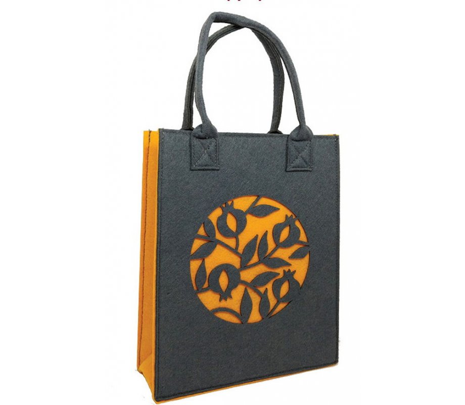 Dorit Judaica Woman's Tote Bag - Gray and Mustard Pomegranate Design