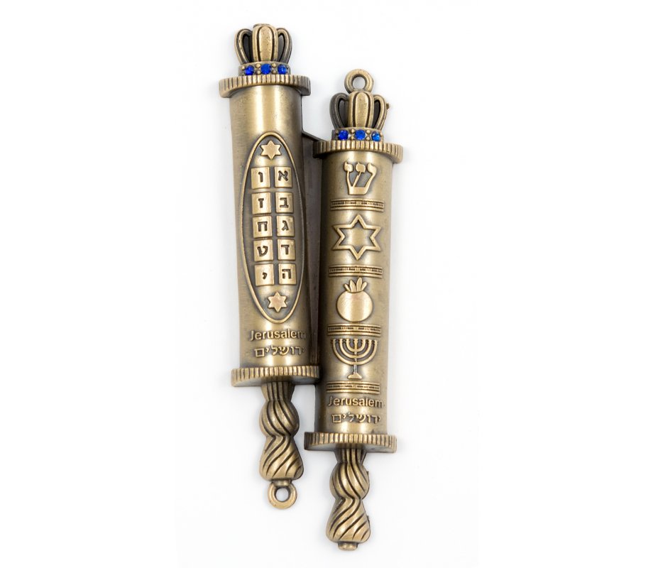 Double Mezuzah Case Design, Torah Scrolls with Judaica Signs - Copper