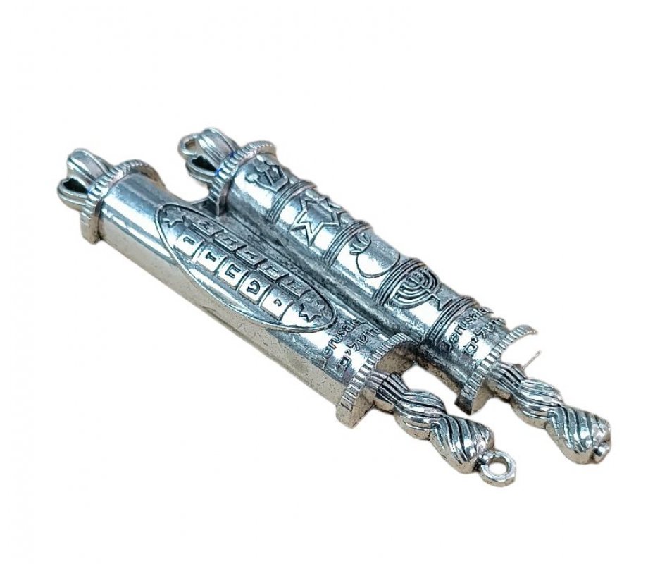 Double Mezuzah Case with Torah Scroll Design and Judaic Motifs - Nickel
