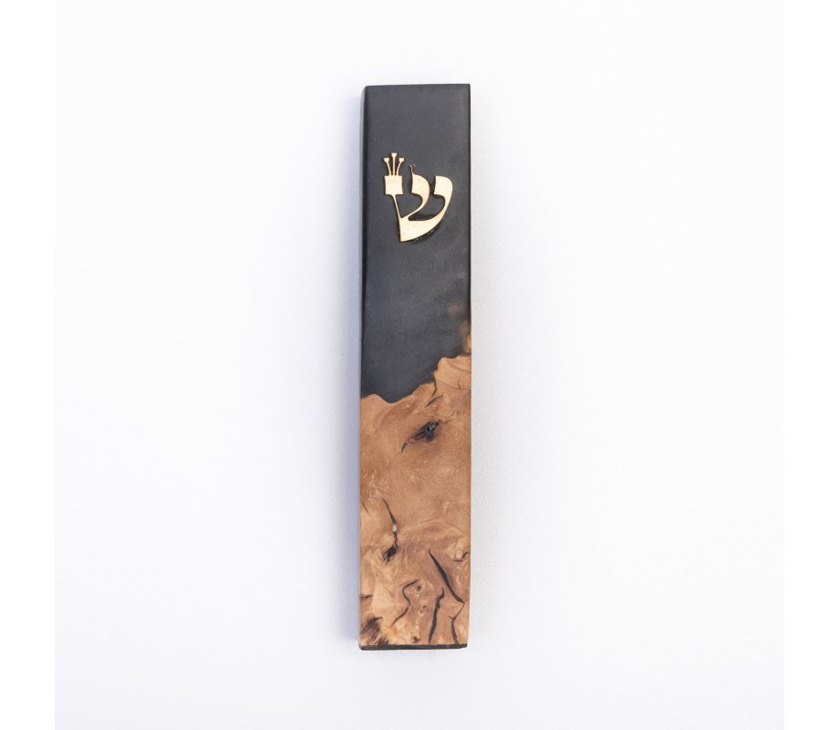 Eial Ovin Handmade Mezuzah Case, Natural Olive Wood and Epoxy - Black