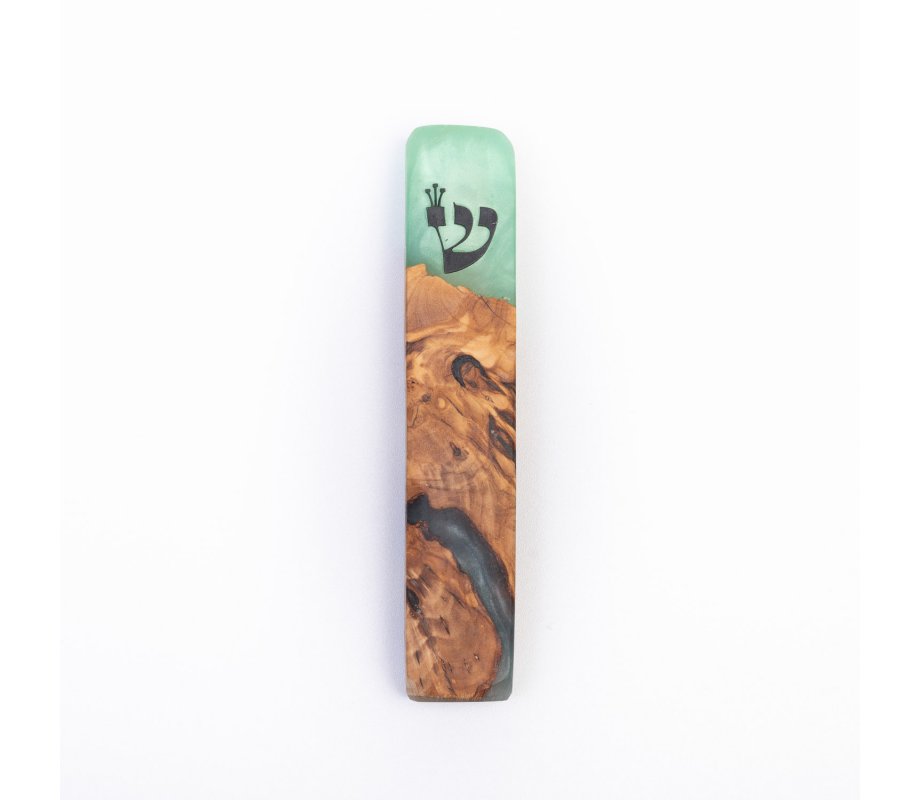 Eial Ovin Handmade Mezuzah Case, Natural Olive Wood and Epoxy - Ocean Turquoise