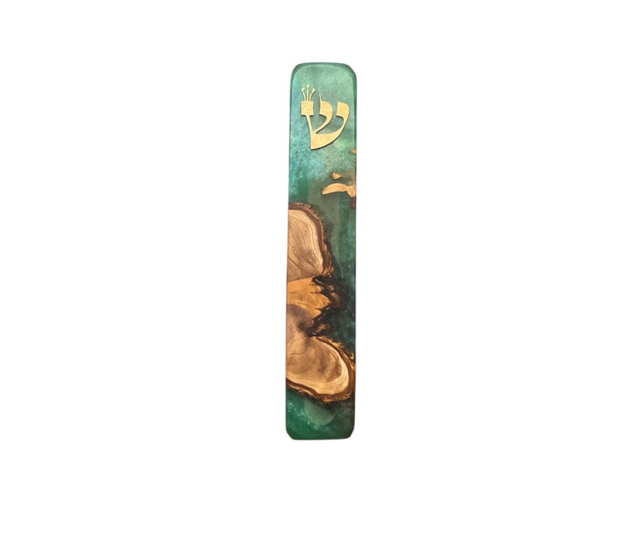 Eial Ovin Handmade Mezuzah Case, Natural Olive Wood and Epoxy - Ocean Turquoise