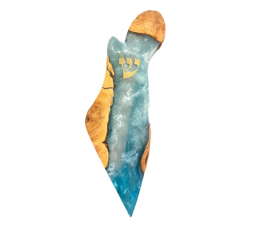 Eial Ovin, Olive Wood and Epoxy Mezuzah Case in Outline of Israel - Ocean Blue