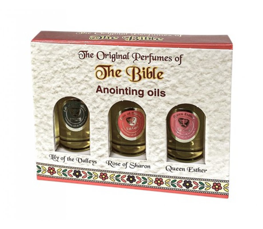 Ein Gedi Set of 3 Bottles of Anointing Oil, Lily of the Valley, Rose of Sharon and Queen Esther
